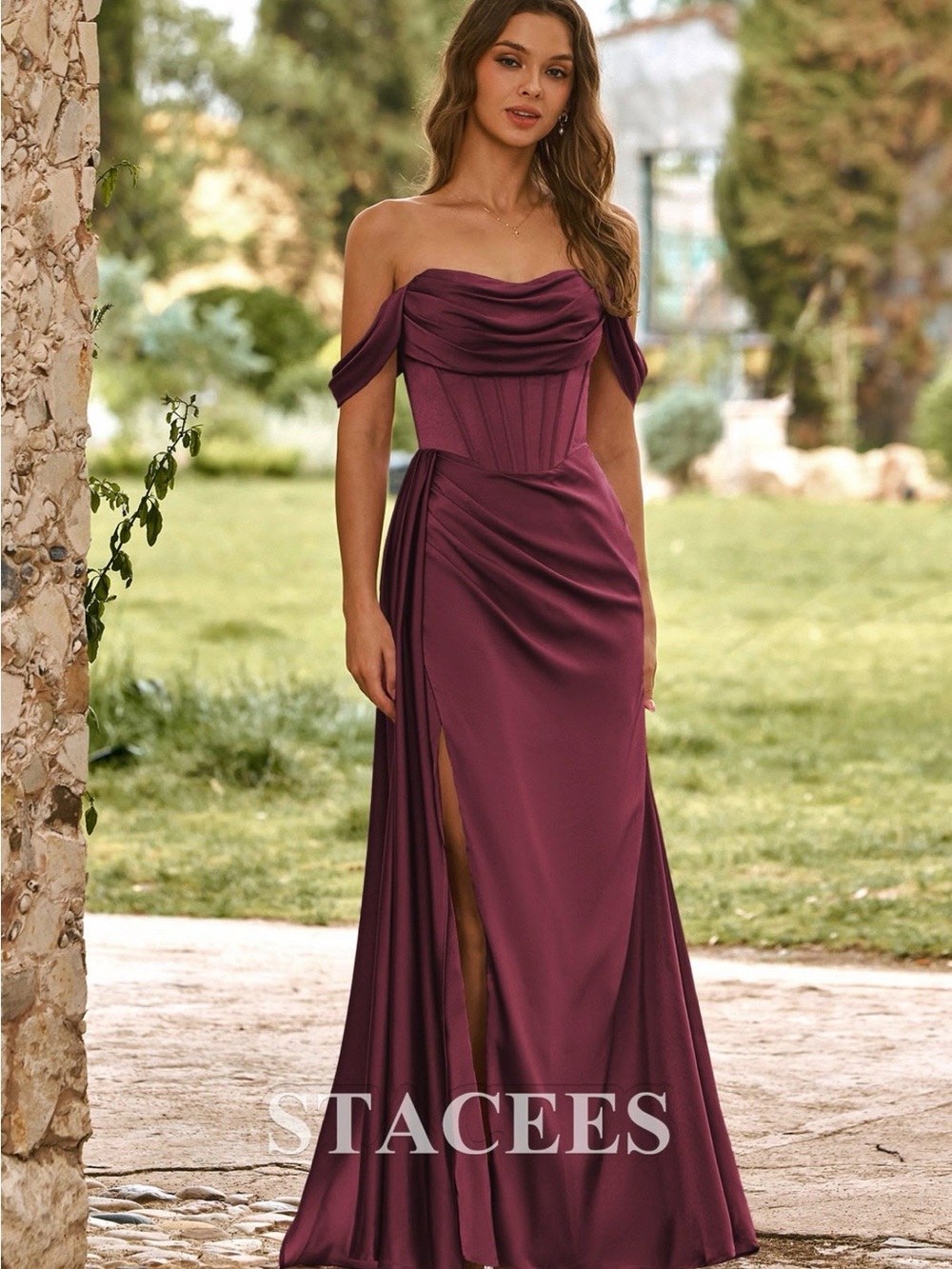 Stacees Off-Shoulder Burgundy Satin Evening Gown